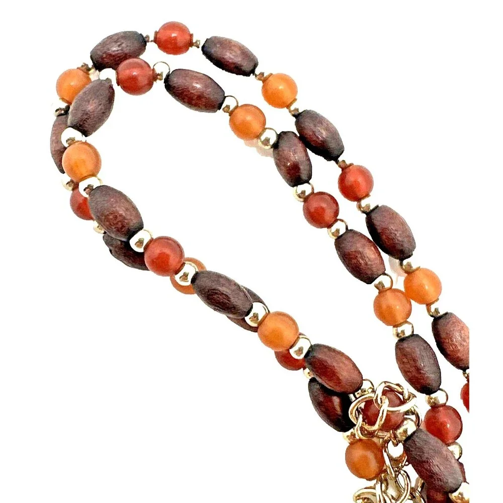 Chaps Necklace Wood Bead Earth Tone Red Dangle Statement Boho 18-20